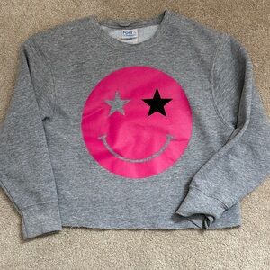 Port and Company Gray Distressed Sweatshirt with Pink Smiley Face- Size Small